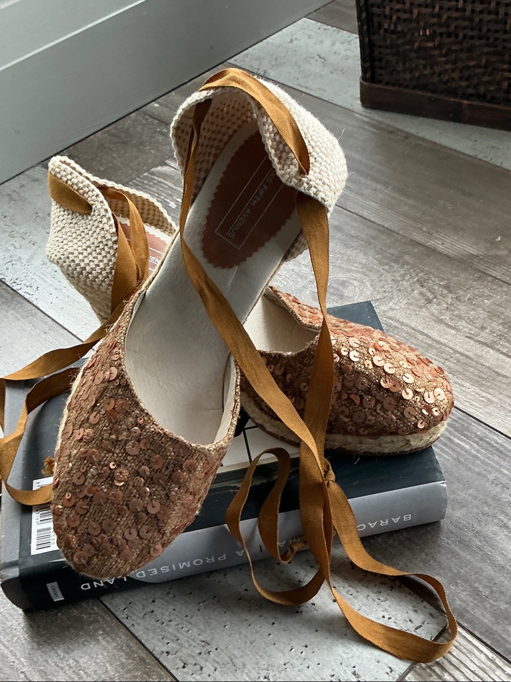 Saks Fifth Avenue Copper Sequin Espadrille Tie Flats sz10